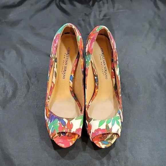 CHRISTIAN SIRIANO PEEP TOE HIGH HEEL STILETTO MULTI-COLOR FLORAL DETAILS PUMP - Picture 3 of 14